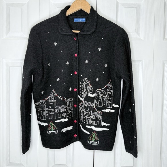 KAREN SCOTT Sweater M Knit Embroidery Holiday City Scene 100% Wool‎ VTG